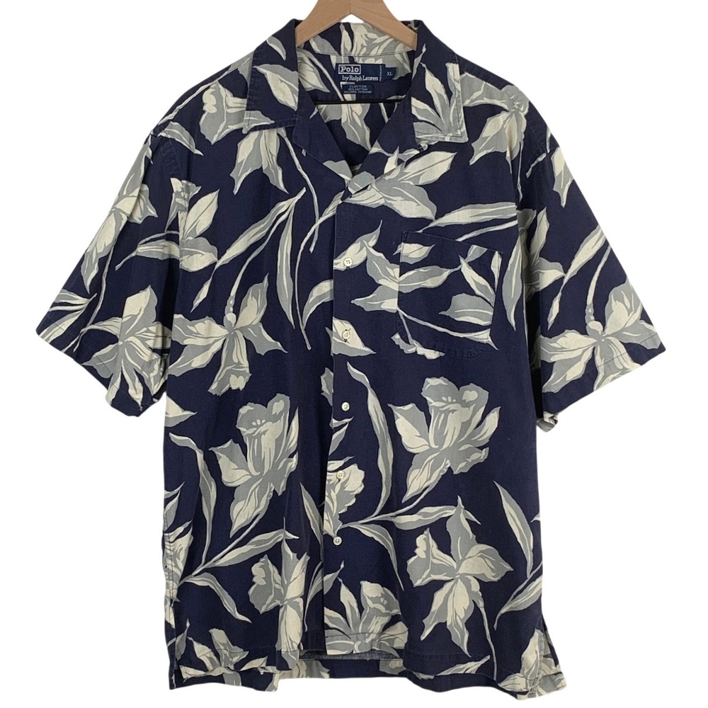 VTG POLO Ralph Lauren Clayton Linen Blend Floral Camp Shirt Men's XL Navy Loop